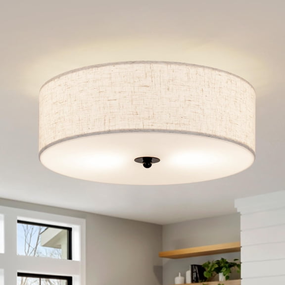 Flush Mount Ceiling Light Beige Fabric Linen Drum Shade 2-Light Modern Round For Bedroom Hallway Dining Kitchen