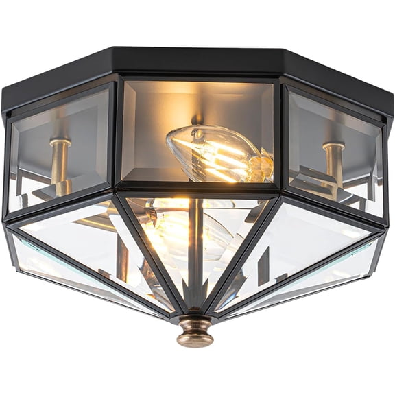 Flush Mount Ceiling Light Fixture, 2-Light Copper Outdoor Lights, Octagonal with Clear Glass, Black Close to for Hallway Bedroom Porch Balcony