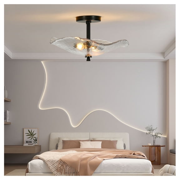 Flush Mount Ceiling Light Fixtures, 16.5" Water Ripple Glass Shade, Indoor Outdoor Modern Ceiling Lights for Hallway, Kitchen, Bedroom, Porch - Black