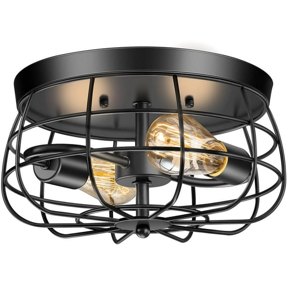 Flush Mount Ceiling Light Fixtures 2 Light Ceiling Light Fixtures with Metal Cage Farmhouse Close to Ceiling Lights, Oil Rubbed Black Finish