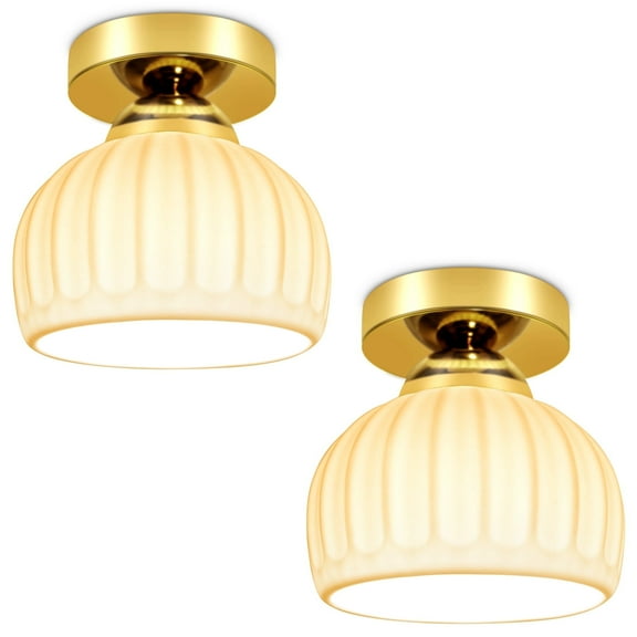 Tsothea Flush Mount Ceiling Light 2 Pack, Ceramic Shade Brass Pendant (Gold)