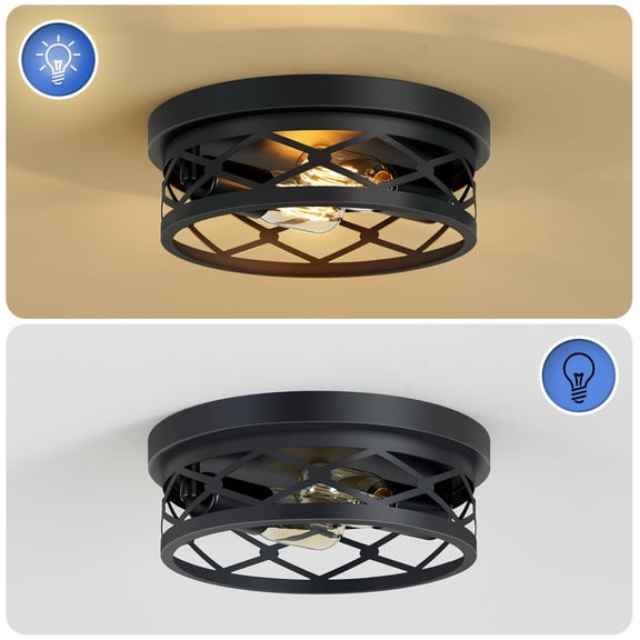 Flush Mount Ceiling Light Set of 2, 2 Light Matte Black Geometric Metal Cage for Hallway Kitchen, No Bulbs Included