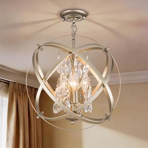 Flush Mount Globe 4 Lights Crystal Chandelier, Industrial Sphere Cage Ceiling Lighting Raindrop Metal Shade, Adjustable Hanging Pendant Light for Dining Room, Living Room, Foyer, Gold