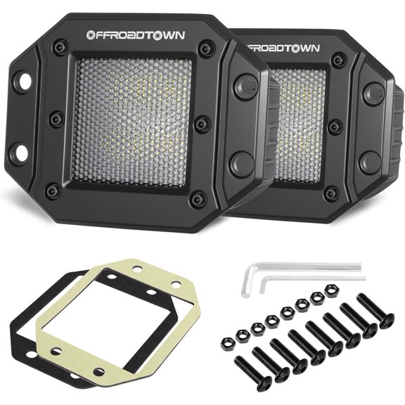 Flush Mount LED Pods, OFFROADTOWN 5'' 12,000LM CREE LED Driving Lights Reverse Backup Light Flush Light Bar Off Road Lights Work Light for Truck Pickup UTV ATV SUV Boat 4x4 Car - Diffusion Beam