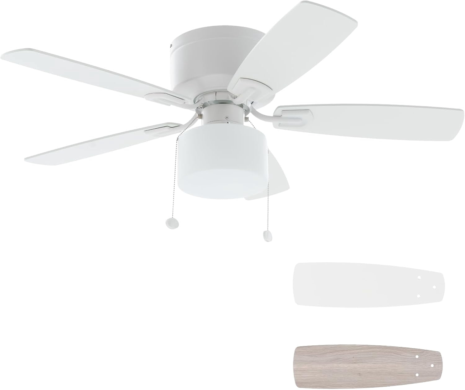 Flush Mount Pull Chain Ceiling Fan with LED Light, Dual Finish Blades ...
