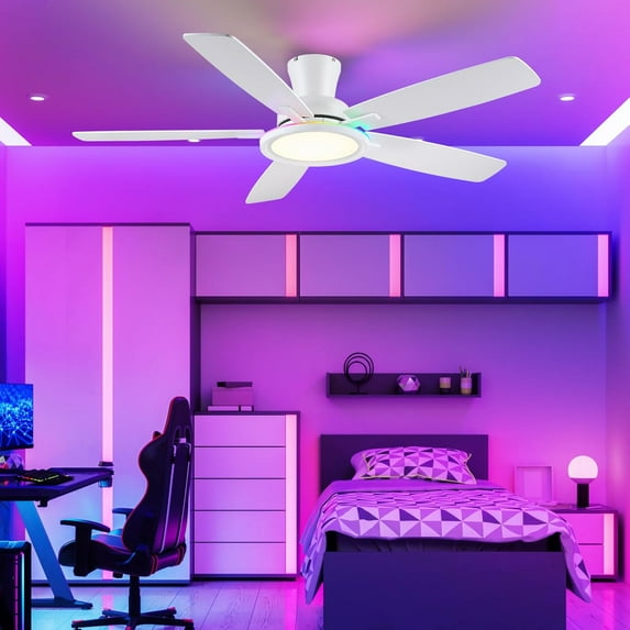 Flush Mount RGB Ceiling Fan with LED Light - 52In White Low Fan for Indoor Living Room, Reversible Motor, Remote Controlled