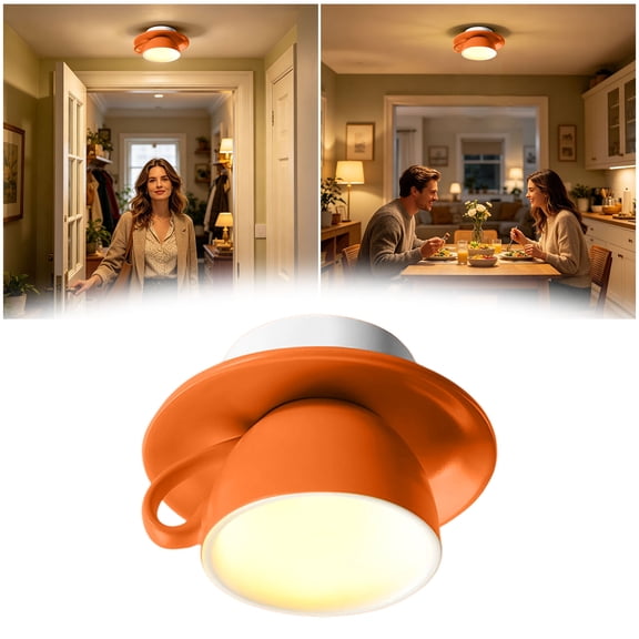 Flush MountCoffee Cup Shaped LED Ceiling Light, Modern Decorative Ceramic Pendant Lamp for Hallway, Bedroom & Kitchen,5.7 Inch (Warm White,Orange)