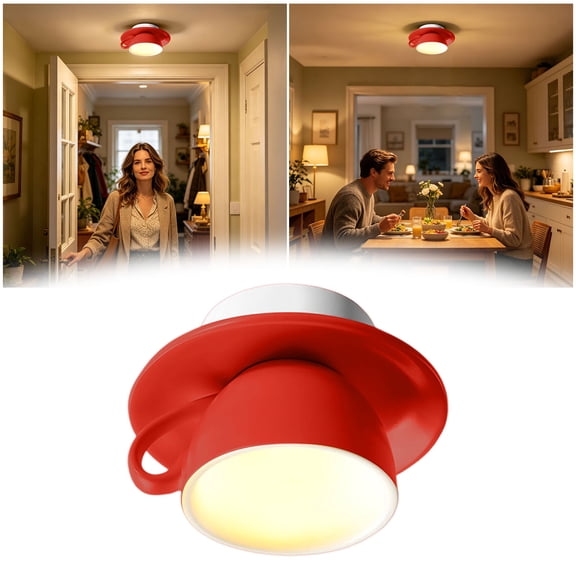 Flush MountCoffee Cup Shaped LED Ceiling Light, Modern Decorative Ceramic Pendant Lamp for Hallway, Bedroom & Kitchen,5.7 Inch (Warm White,Red)