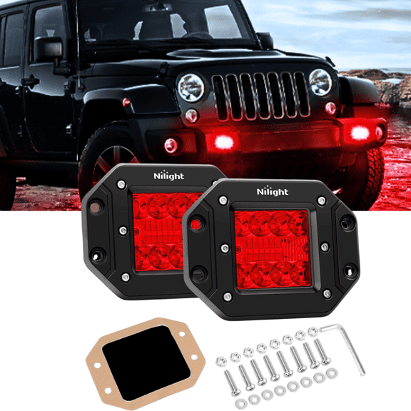 Nilight Flush Mounting Led Light Pod 2 Pcs 42W Red Enhanced Spot Flood Combo Bumper Fog Light for Fishing Hunting UTV Pickup Van Boat Tractor RV Emergency Security Lamp