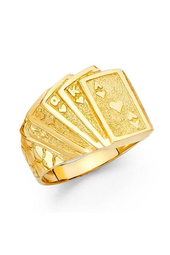 Flush Of Hearts Poker Ring Solid 14k Yellow Gold Lucky Charm Nugget Band Genuine Men 15MM, Size 10.5