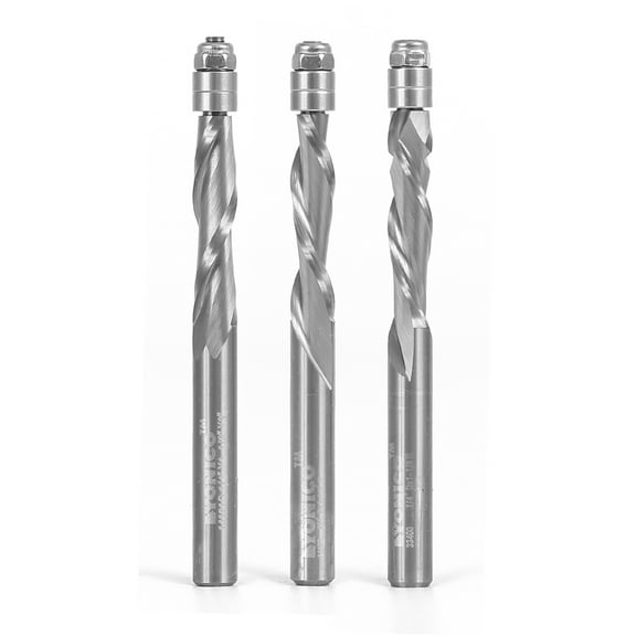 Flush Trim Solid Carbide Spiral Router Bit 3 Bit 1/4" X 1-1/8" Set - 1/4" Shank - Yonico 14321q