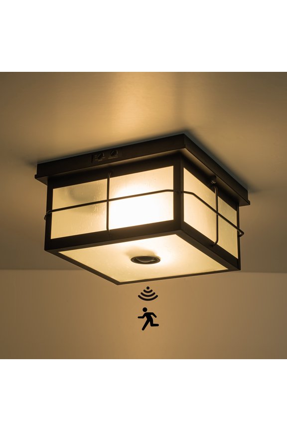 2-Light Outdoor Flush Mount Motion Sensor Ceiling Light with Frosted Glass