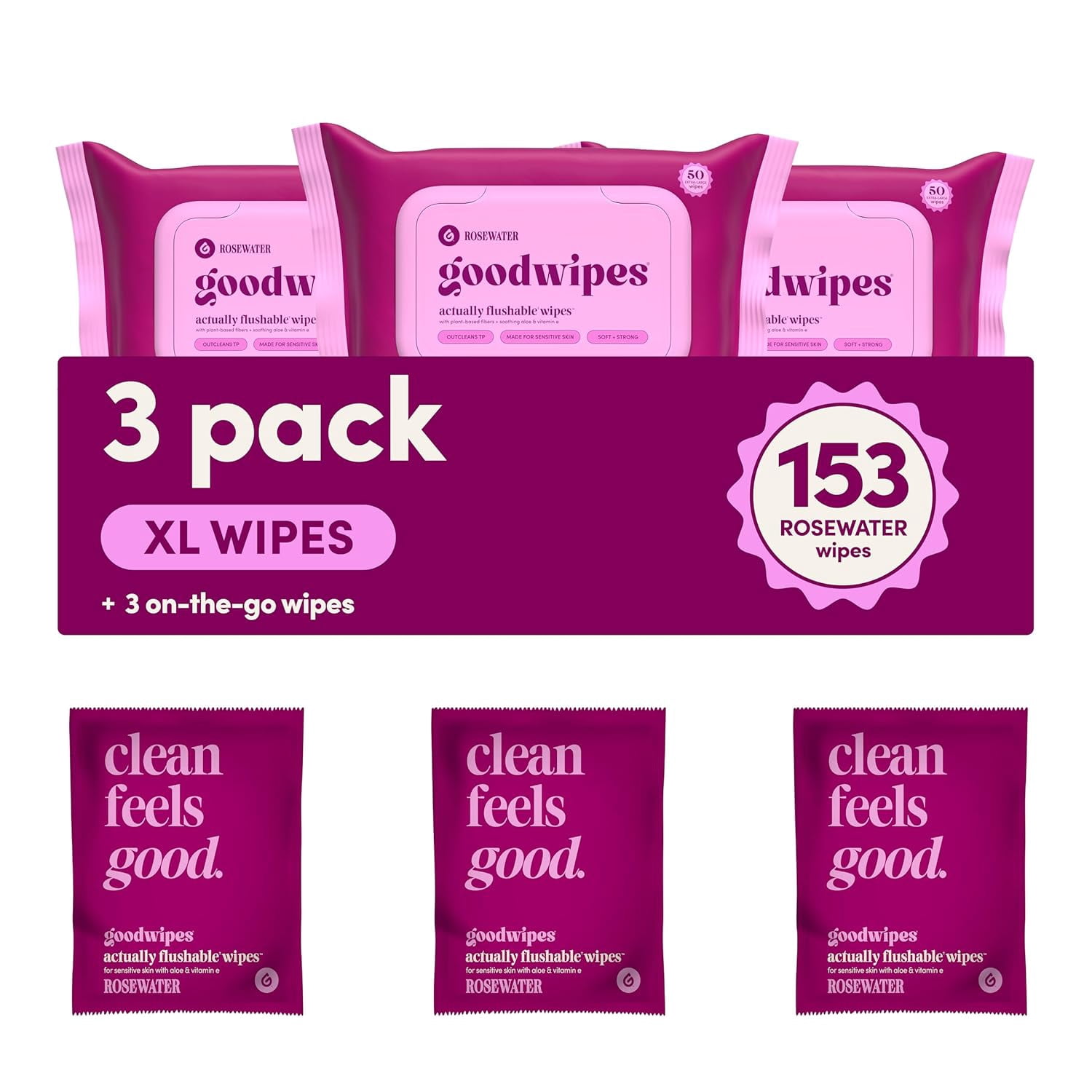 Flushable Butt Wipes - Vitamin E & Aloe - Sewer & Septic Safe - Extra Large Adult Wet Wipes For Women & Men - Bathroom Essentials - Rosewater, 153 Count (3 Packs + 3 Individually Wrapped)