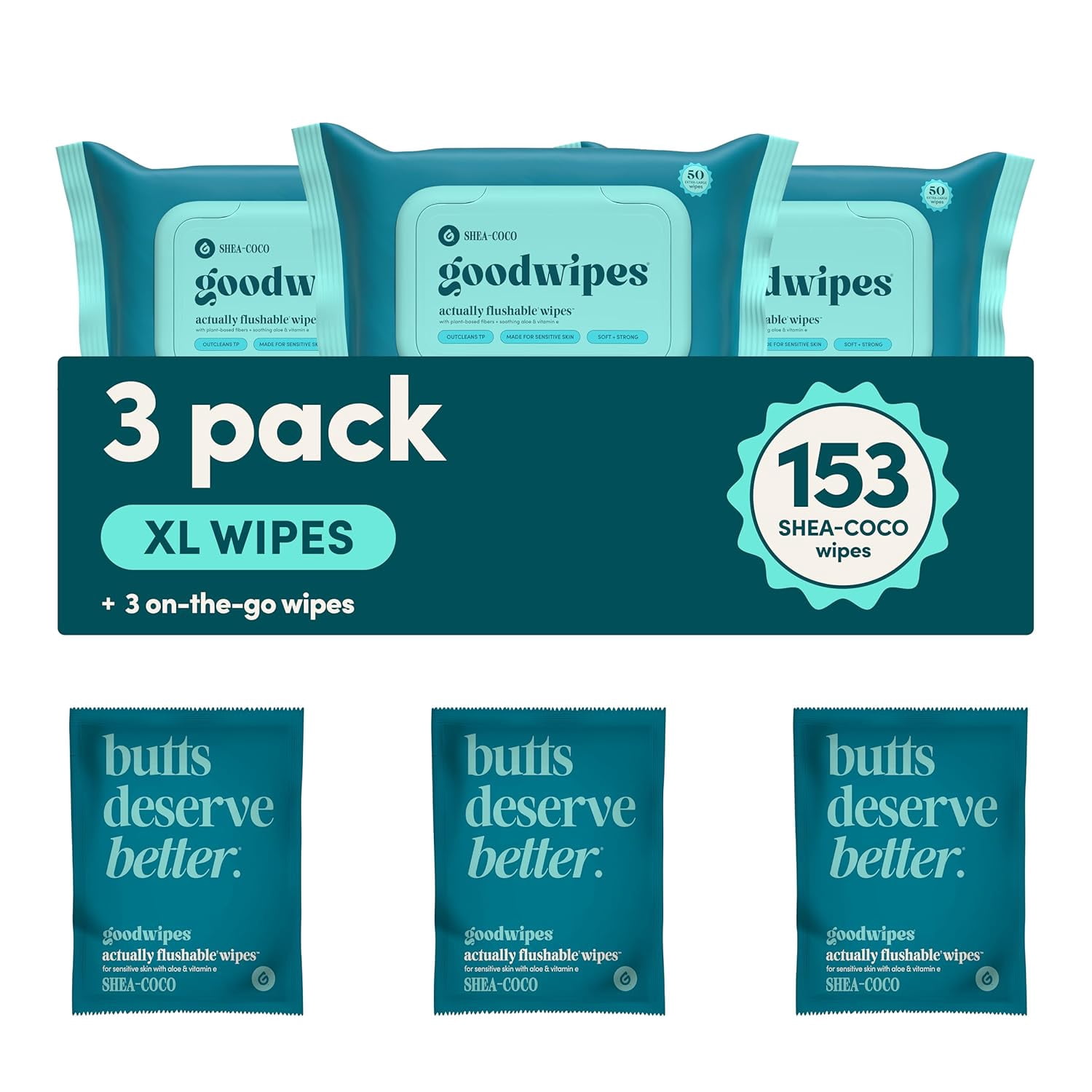 Flushable Butt Wipes - Vitamin E & Aloe - Sewer & Septic Safe - Extra Large Adult Wet Wipes For Women & Men - Bathroom Essentials - Shea-Coco, 153 Count (3 Packs + 3 Individually Wrapped)