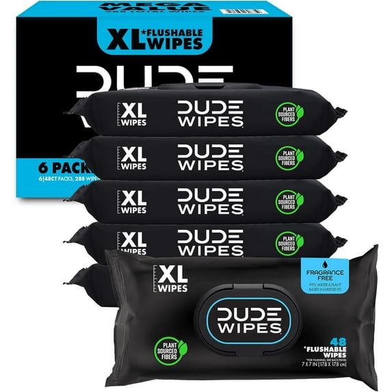 Wipes - Flushable Wipes Unscented - (6 Pack) 288 Count - Extra Large - Flushable - Vitamin-E & Aloe - Septic and Sewer Safe
