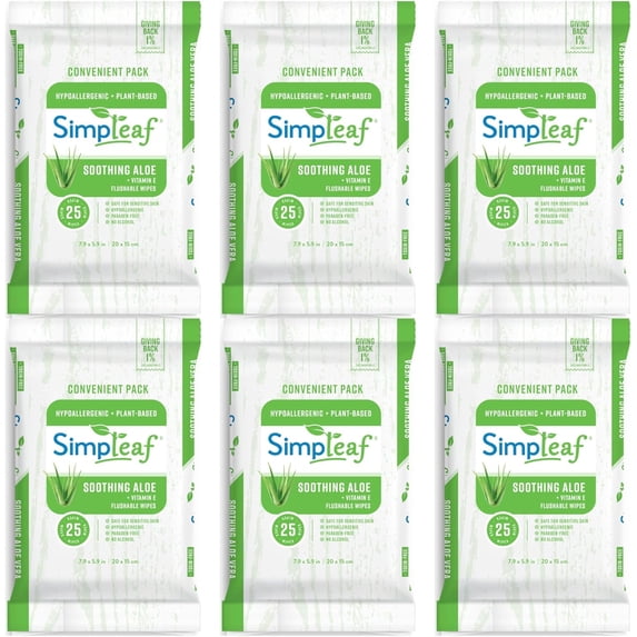 Flushable Wet Wipes Aloe Vera| Eco-Friendly, Paraben & Alcohol Free | Hypoalleric Safe for Sensitive Skin Soothing Formula (6 x 25 Counts Convenient Pack) 150 Total