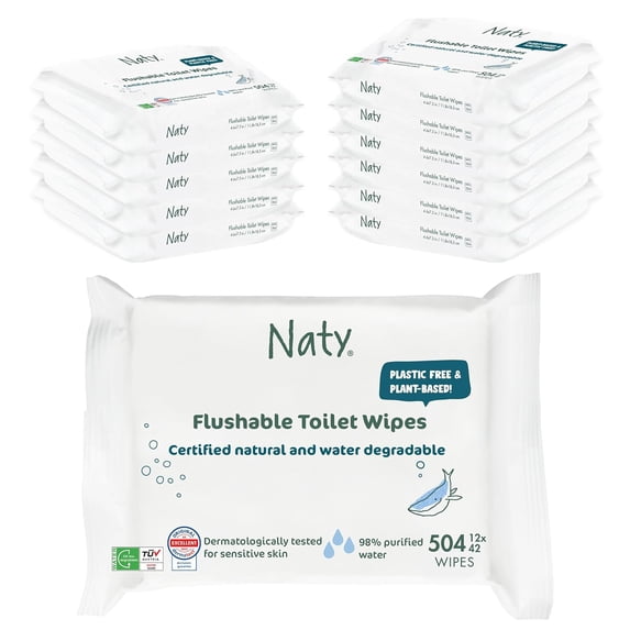 Flushable Wipes | 98% Water, Hypoallergenic & Natural for Sensitive Skin | Unscented, Fragrance-Free, Plant-Based | Plastic-Free, Water-Degradable | Newborn & Toddler | 504 Count (12 Packs)