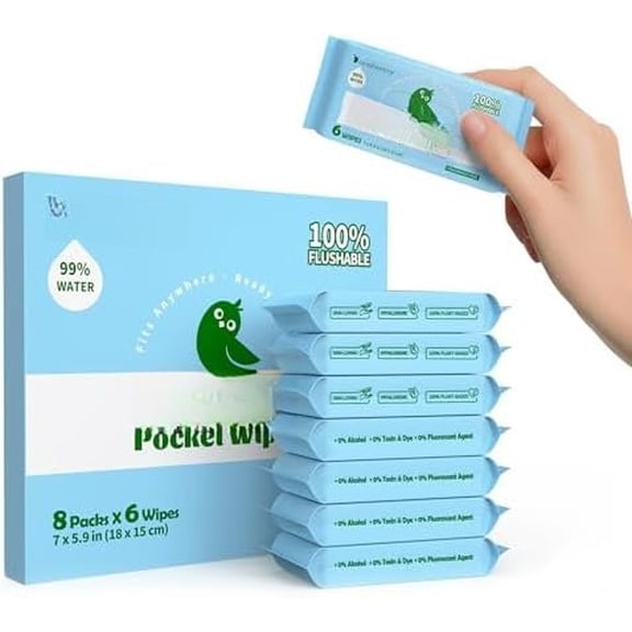Flushable Wipes Travel Size, 99% Water Mini Wet Wipes for  ,  & Unscented  The Go Pocket Wipes, 48 Count (8 Packs of 6)