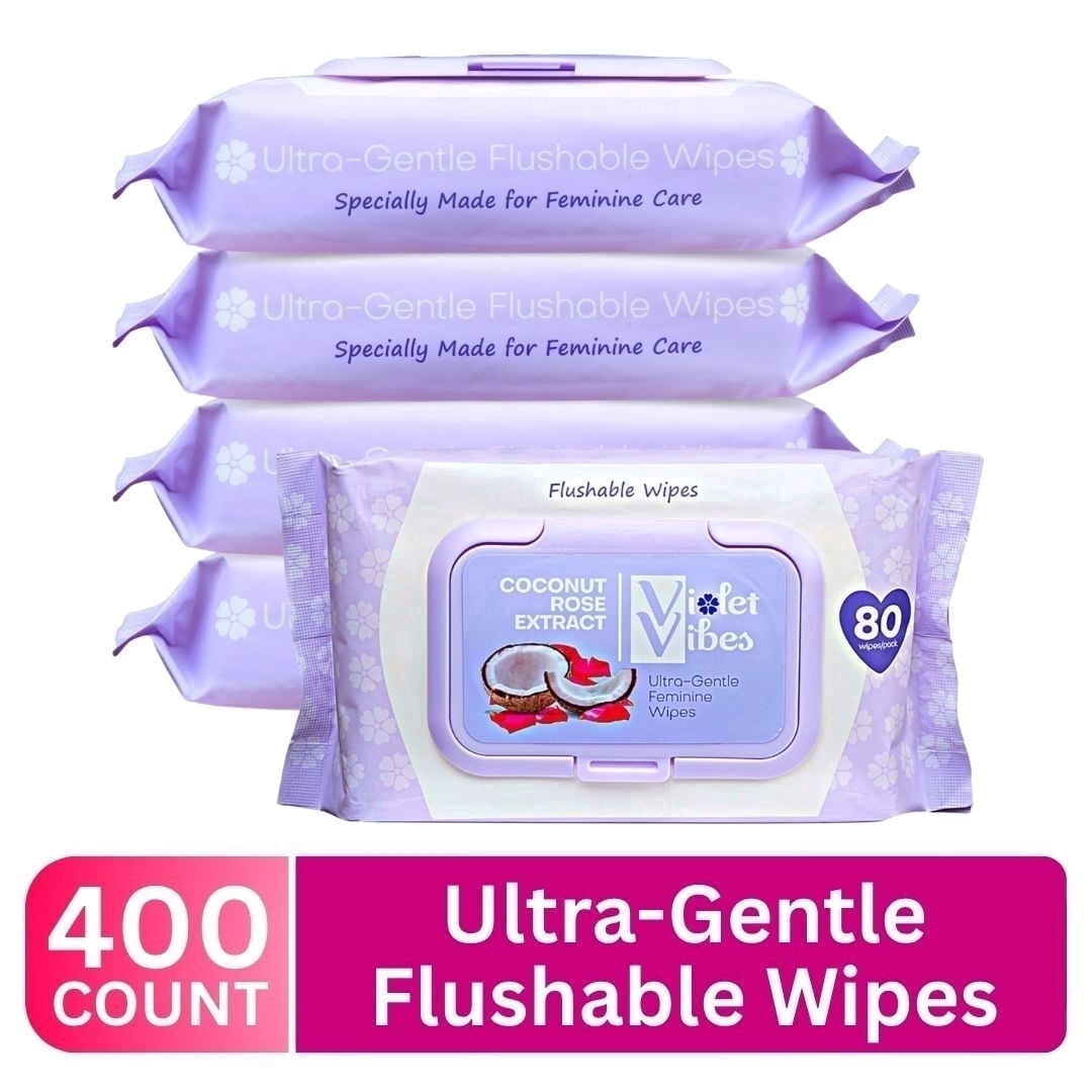 Violet Vibes Women Wet Flushable Wipes, Plant-Based, Gentle on Sensitive Skin, Coconut Rose, 4 Pack, 400 Total Wipes