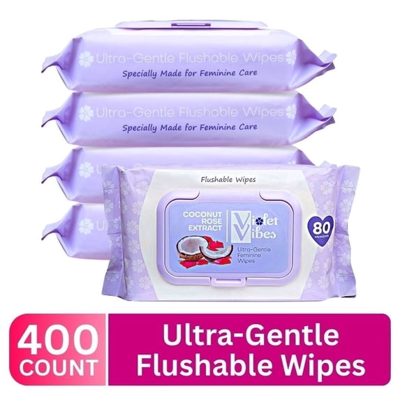 Violet Vibes Women Wet Flushable Wipes, Plant-Based, Gentle on Sensitive Skin, Coconut Rose, 4 Pack, 400 Total Wipes