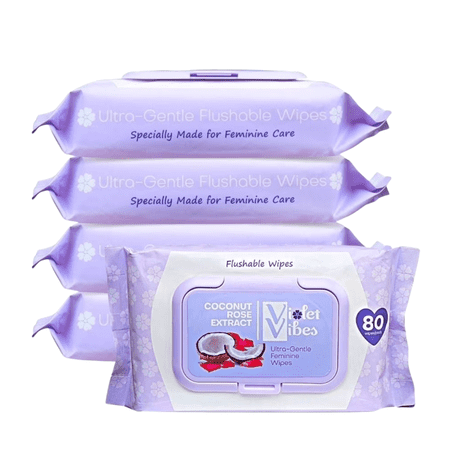 Violet Vibes Women Wet Flushable Wipes, Plant-Based, Gentle on Sensitive Skin, Coconut Rose, 4 Pack, 400 Total Wipes