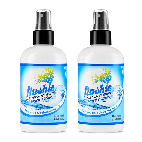 Flushie Pre-Toilet Spray No Smell Pre Poop Toilet Spray For Poop Odor Eliminating Air Freshener, Travel Size, Fresh Linen, 8 oz - 2 Pack