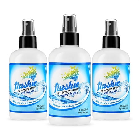 Flushie Pre-Toilet Spray No Smell Pre Poop Toilet Spray For Poop Odor Eliminating Air Freshener, Travel Size, Fresh Linen, 8 oz - 3 Pack