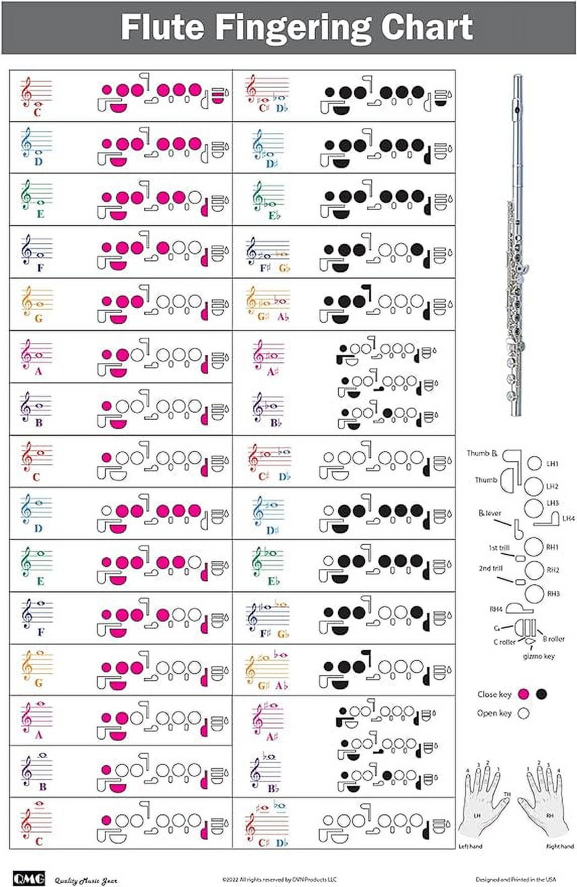 Flute Fingering Chart with Color-Coded Notes, Learn Flute Technique 