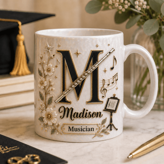 Flute Mug Personalized Musician Gift, Custom Initial Coffee Mug for Flute Player