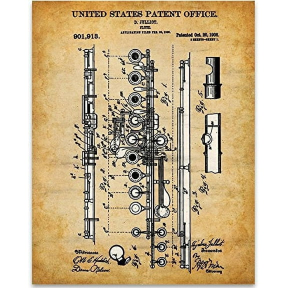Flute Patent Print - 11x14 Unframed Patent - Perfect Music Room Decor and Great Gift for Band Director, Musician