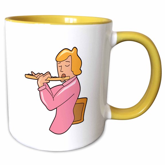 3drose, Flute Player Lady Pink Shirt Abstract, 11oz Two-tone Yellow Mug
