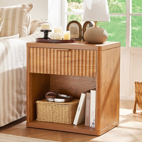 Leyaoyao Fluted 1 Drawer Nightstand, Adult Bed Side Table with Charging Station, Modern End Side Table for Bedroom Furniture Living Room Sofa, Brown