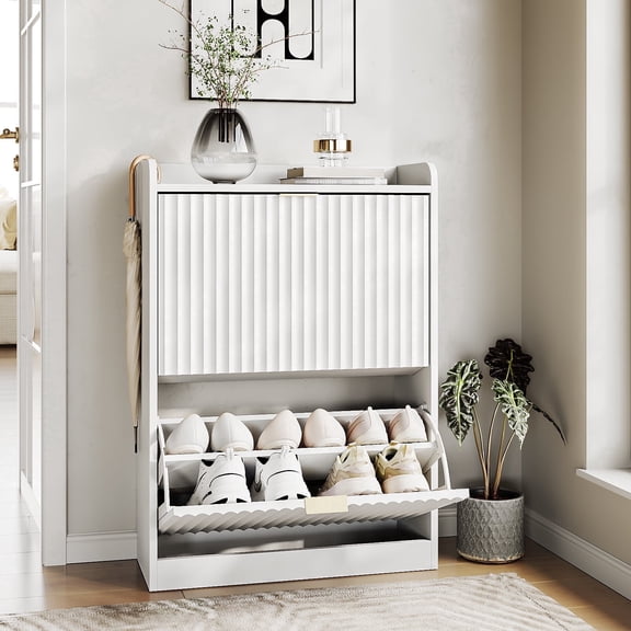 Fluted 12 Pair Shoe Storage Cabinet With 2 Flip Drawers, 4-Tier Shoe Organizer With Adjustable Shelves,White