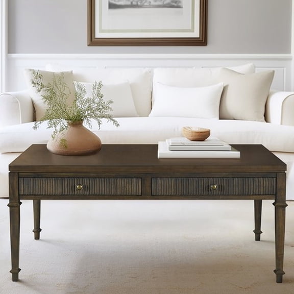 Fluted 2 - drawer Coffee Table | Ideal for Coastal and Modern Homes, Storage Feature | Dark Brown MDF Wood, Tapered Square Legs | Prevents Tabletop Damage with Coasters