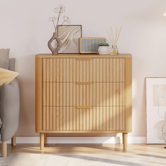 Fluted 3 Drawer Dresser, 32.5 Wider Modern Dressers Chest of Drawers with Solid Wood Legs, Wood Storage Dresser Organizer for Dorms, Flats, Living Rooms, Hallways,Natural Oak