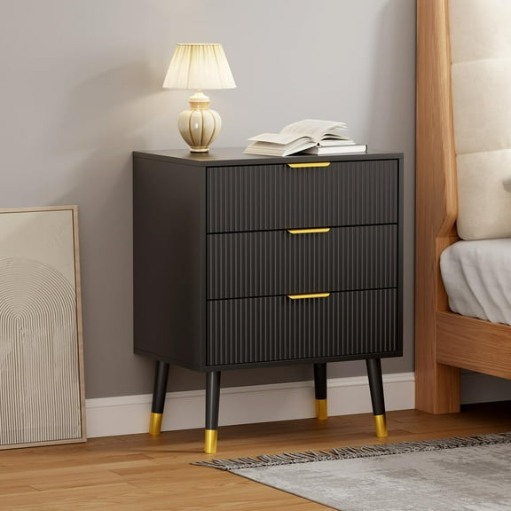 Fluted 3 Drawer Dresser Large Modern Nightstand Cabinet White Dresser with Gold Metal Handles Small Dresser End Table Wood Chest of Drawers for Bedroom,Living Room,Hallway,Entryway