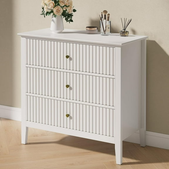 Fluted 3 Drawer Dresser, Wide Dresser Nightstand for Bedroom, Modern Wood Chest of Drawers, Large Painted Nightstand with 3 Drawers for Closet, Hallway, Entryway