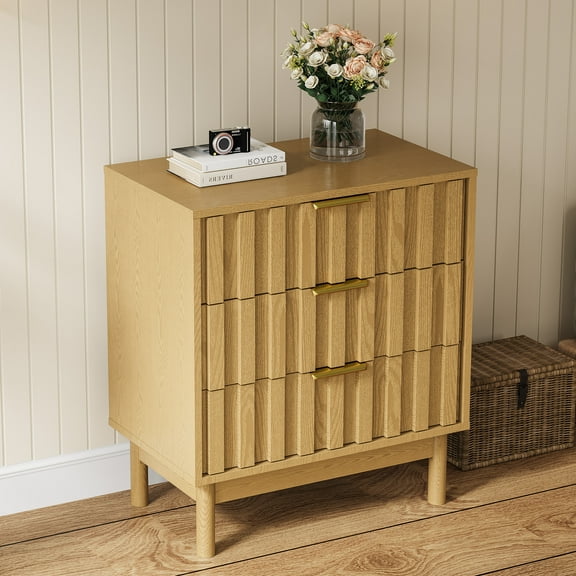 May in Color Fluted 3 Drawer Dresser, Wood Closet Organizer for Bedroom, Living Room, Entryway, Natural Wood Tone