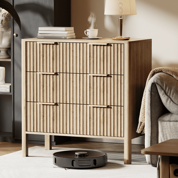 Fluted 3 Drawer Dresser for Bedroom 31.5" Wide Wooden Dresser TV Stand Modern Storage Organizer for Living Room, Hallway, Walnut