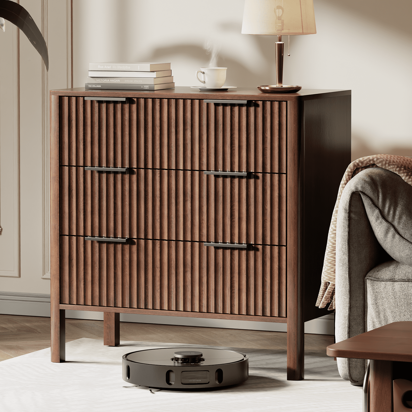 Fluted 3 Drawer Dresser for Bedroom 31.5" Wide Wooden Dresser TV Stand Modern Storage Organizer for Living Room, Hallway, Walnut