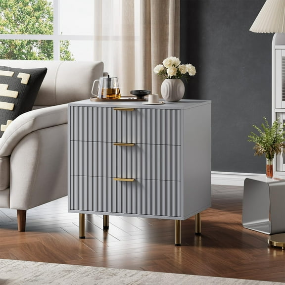 Fluted 3 Drawer Dresser for Bedroom, Modern Storage Dresser with Metal Leg , Wood Chest Cabinet Organizer for Living Room, Dressing Room, Hallway