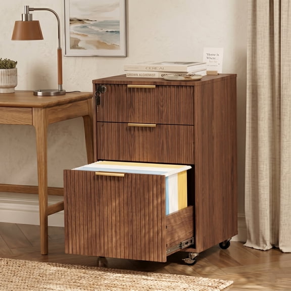 Fluted 3-Drawer Mobile Filing Cabinet with Lock Walnut