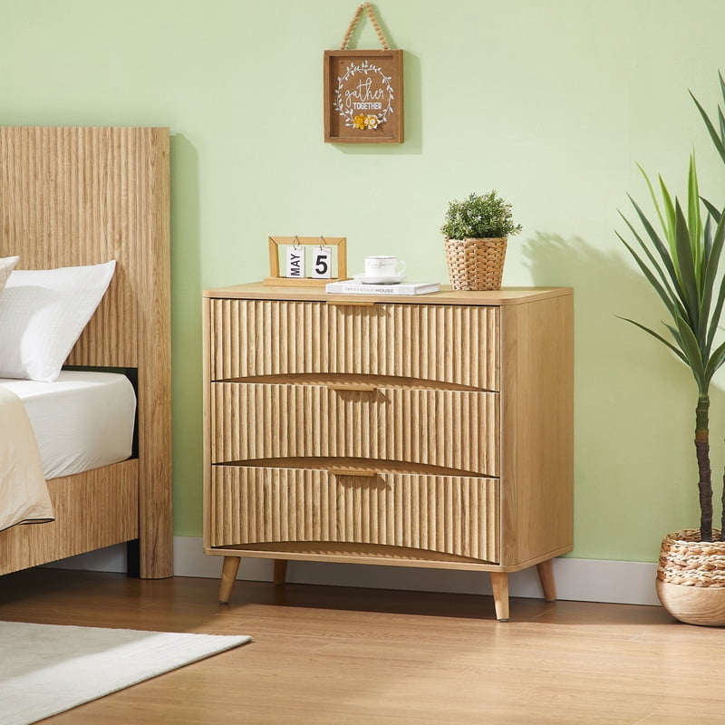 Fluted 3 Drawer Nightstand with Metal Handles,Wood Dresser Chest,Storage Cabinet for Bedroom, Living Room,Oak