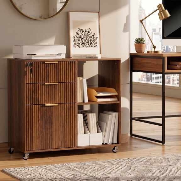 Fluted 3-Drawer Oak Mobile File Cabinet with Lock Walnut