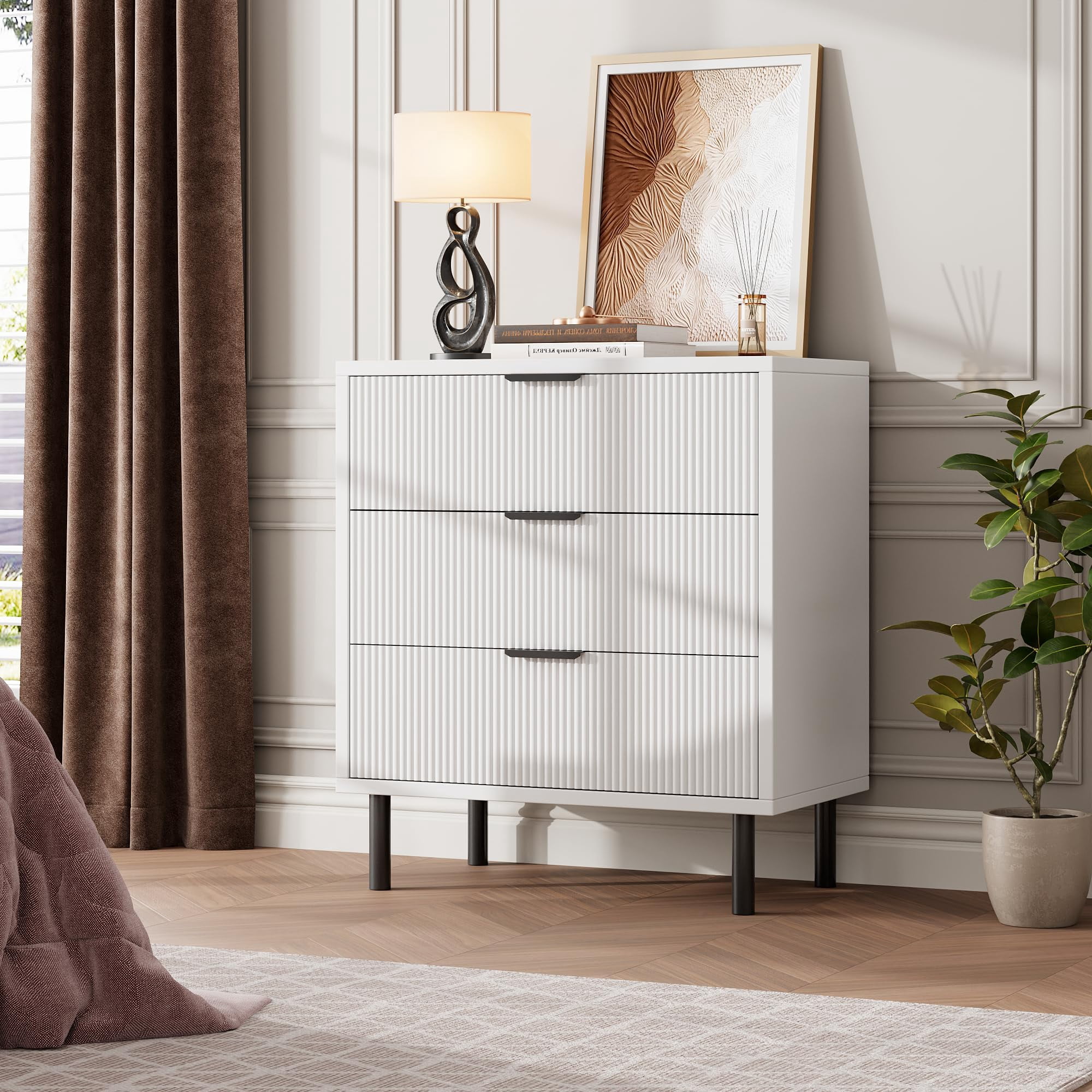 Fluted 3 Drawers Dresser, Modern Chest of Drawers with Metal Legs, Wood ...