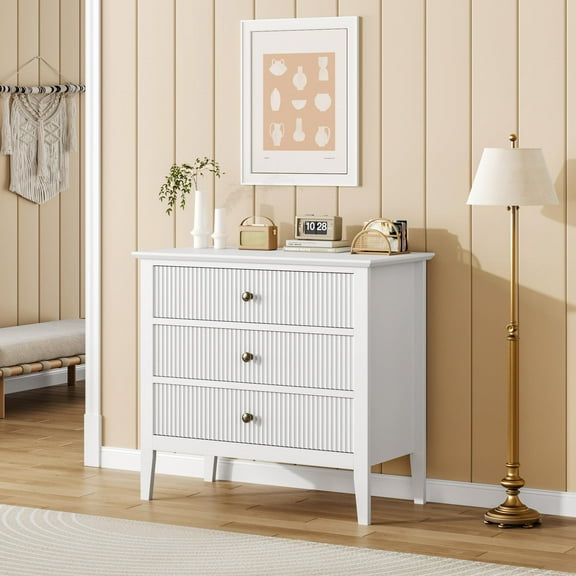 Fluted 3 Drawers Dresser, Wide Wood Chest of Drawers, Modern Storage Dresser Chest of Drawers Organizer with Metal Legs and Anti-Tipping Device for Bedroom Living Room, White