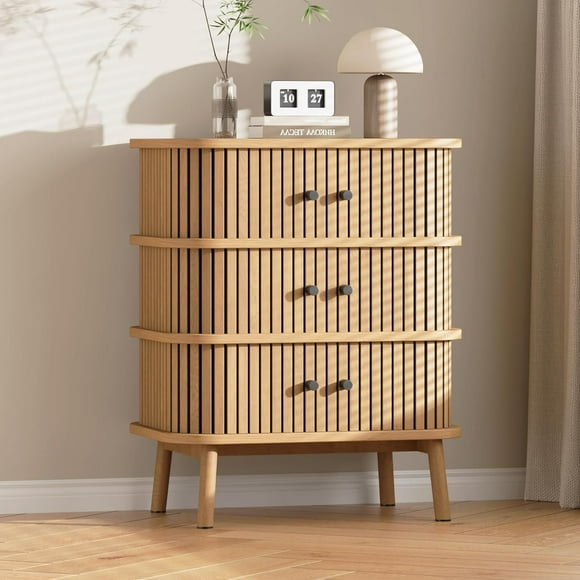 Fluted 3 Drawers Nightstand with Sliding Door,Bo-ho3 Drawer Dressers for Bedroom, Wooden Chest of Storage Drawer, Side Table for Living Room, Small Space, Natural