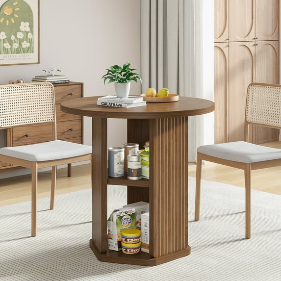 Fluted 31.5" Round Dining Table for 2-4, Modern Kitchen Table with 2-Tier Storage Shelf for Small Space, Walnut