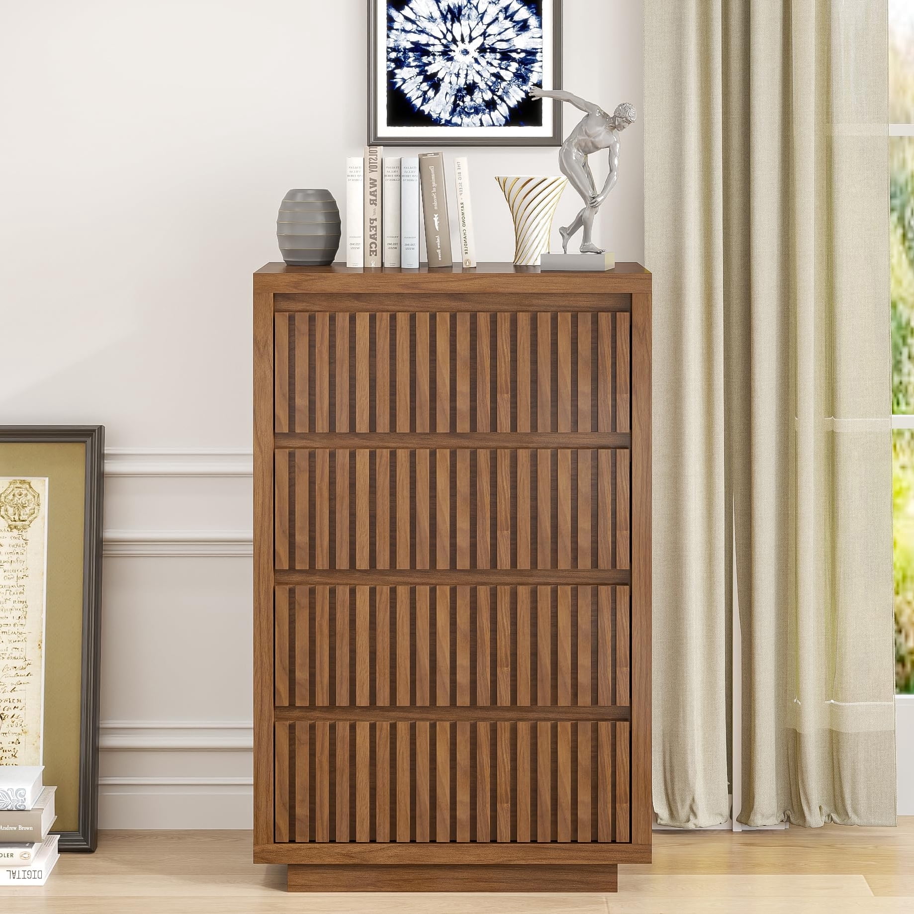 Fluted 4 Drawer Dresser, Mid Century Wood Chest for Bedroom, Modern Closet Clothes Storage Organizer, Walnut Brown Wooden Cabinet