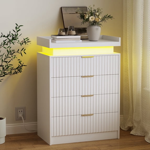 Pusnapku Fluted 4 Drawers Dresser, 38" Tall Modern Chest of Drawers with Power Outlet,LED Light, Vertical Wood Storage Dresser for Living Room,Bedroom